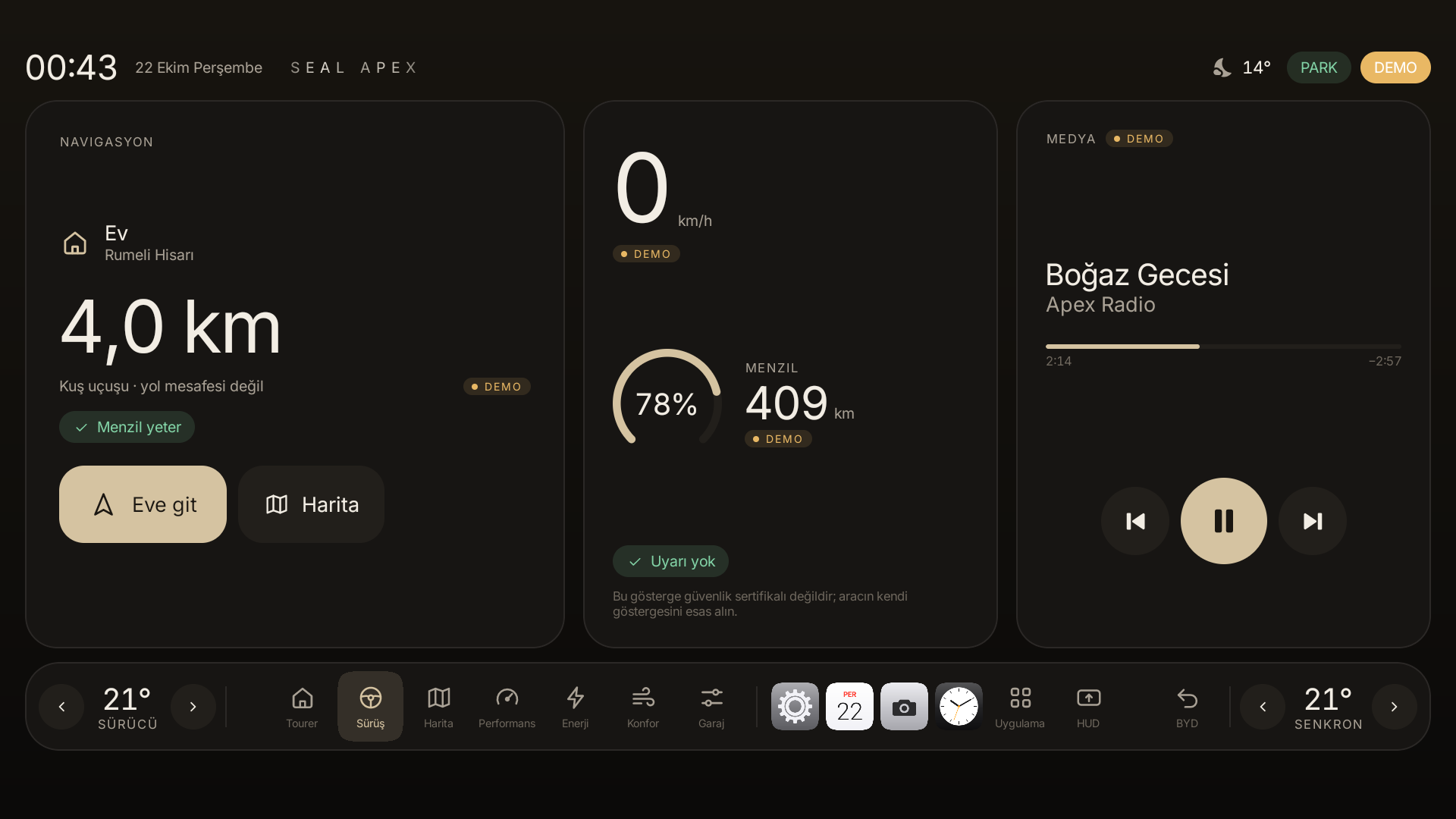 Apex Drive sade sürüş ekranı, demo verileriyle